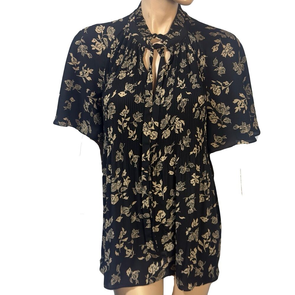 Lauren Ralph Lauren 2X Floral Blouse Short  Sleeve Semi Sheer Pleated Tie Neck